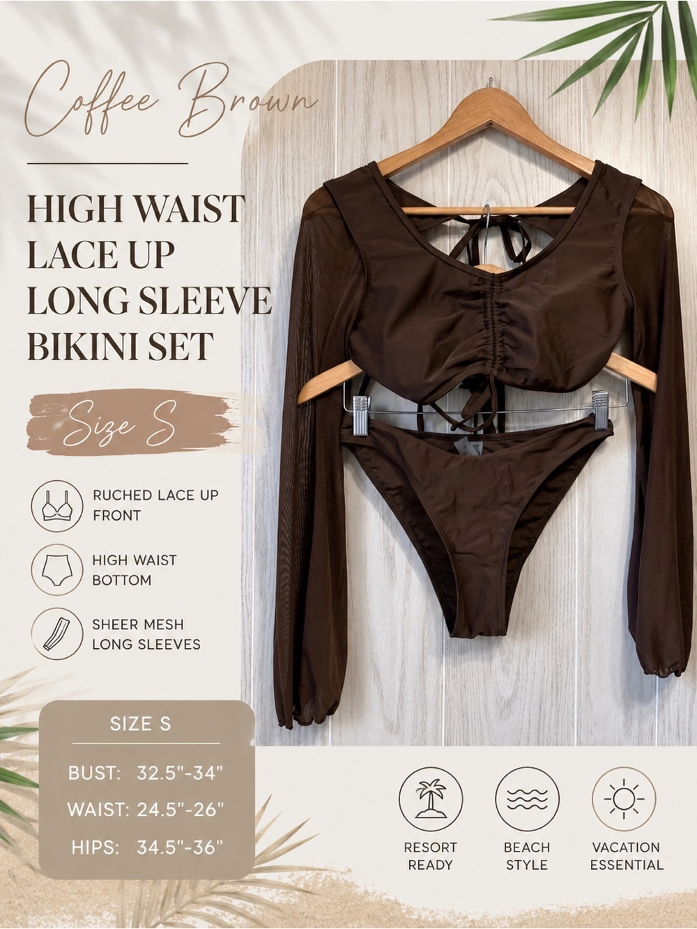 High Waist Lace Up Long Sleeve Bikini Set Two Piece in Coffee Brown Size S